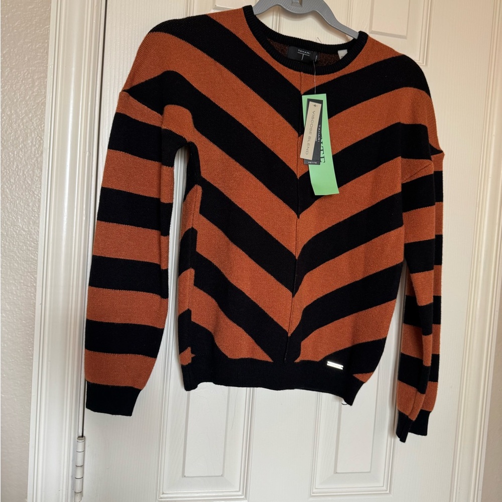 Tahari V-Neck Striped Sweater in Rust and Black